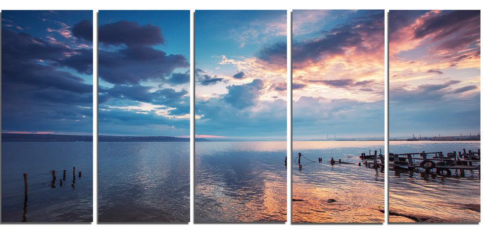 Dramatic Sky Over Sunset Lake, Large Landscape Canvas Art, 60"x28", 5 Panels