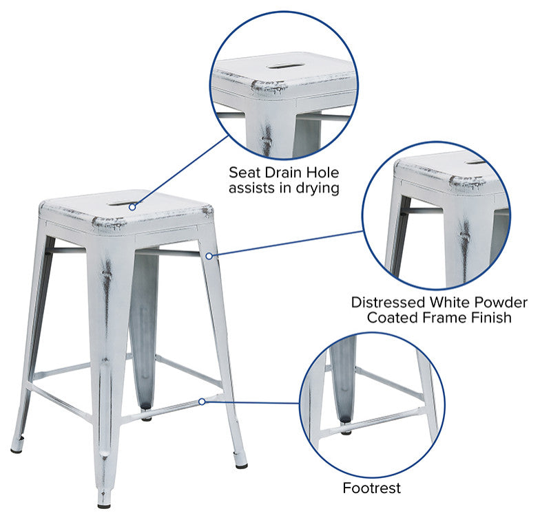 Distressed White Metal Stool
