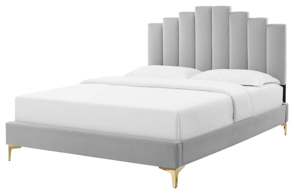 Platform Bed Frame, King Size, Velvet, Light Gray, Modern Contemporary