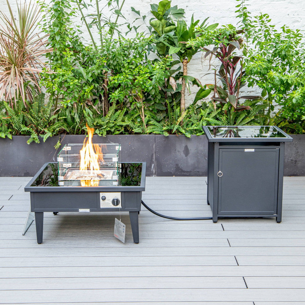 LeisureMod Walbrooke Square Fire Pit Table and Tank Holder, Black