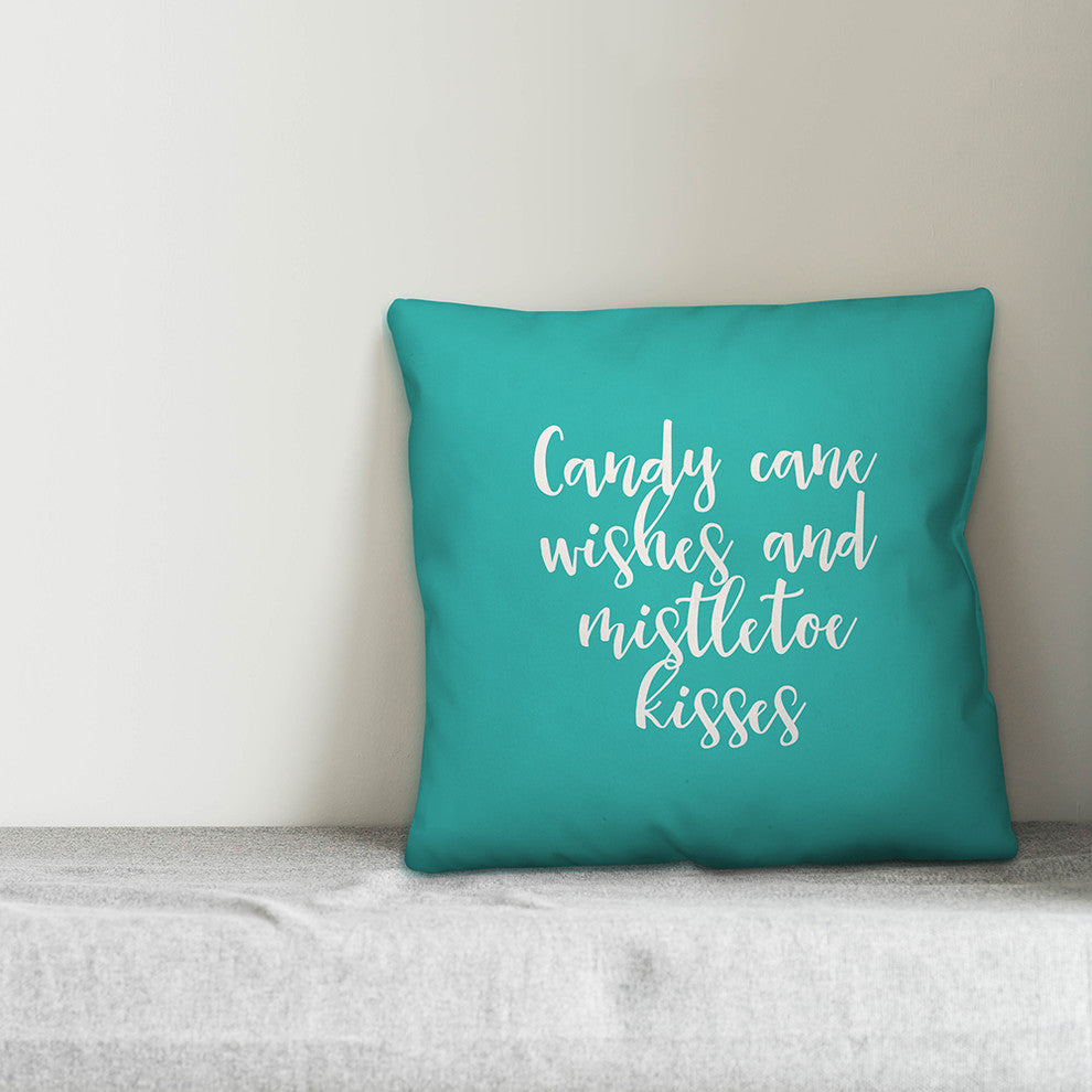 Candy Cane Kisses And Mistletoe Kisses, Teal 18x18 Throw Pillow