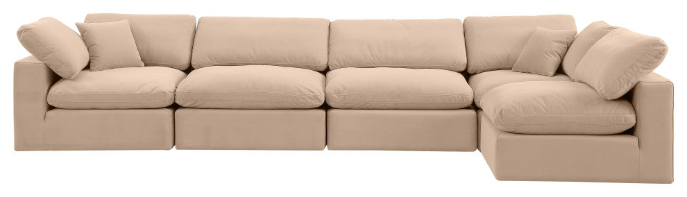 Comfy Upholstered L-Shaped Modular Sectional, Beige, 5-Piece: 3 Armless Chair, 2 Corner Chair, Velvet
