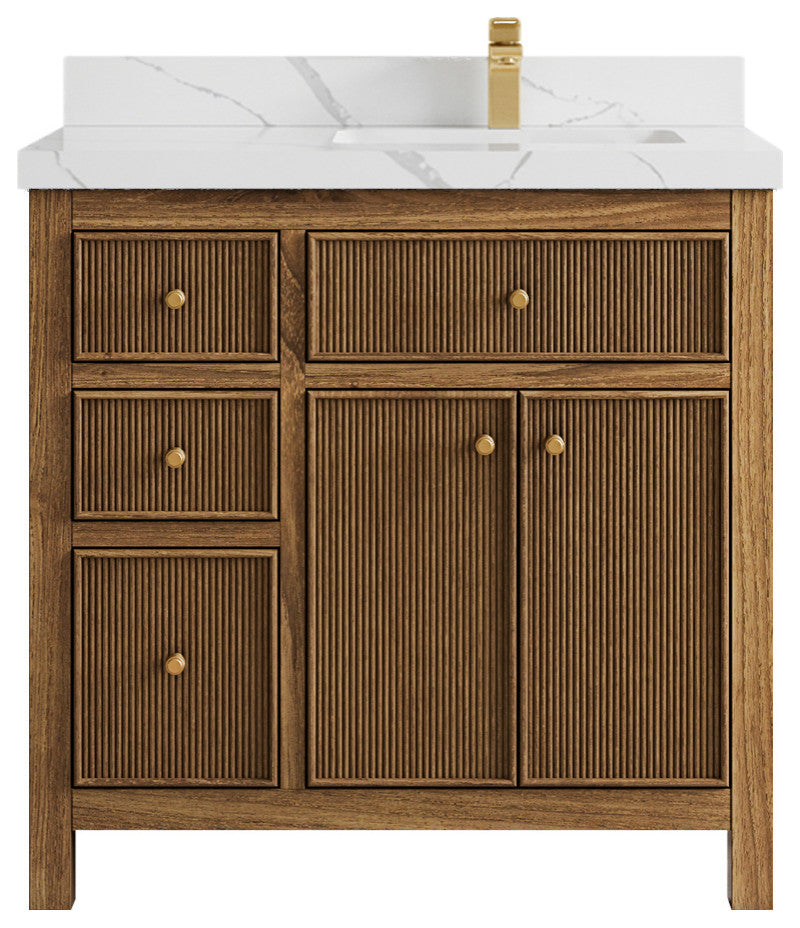 Sonoma Teak 36 Right Offset Bath Vanity in Dark Natural with 2" Calacatta Laza