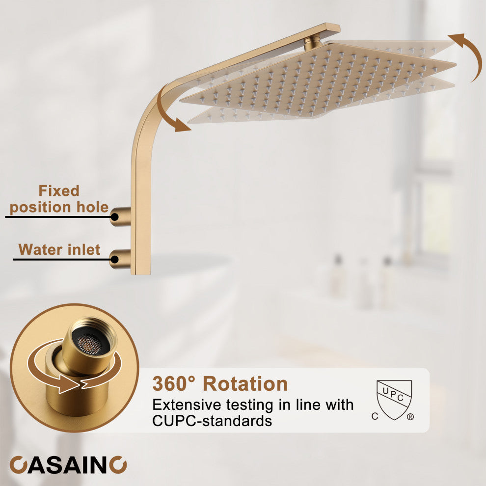 10inch Wall Mounted Rain Shower System With Handheld & Unique Shower Arm, Brushed Gold
