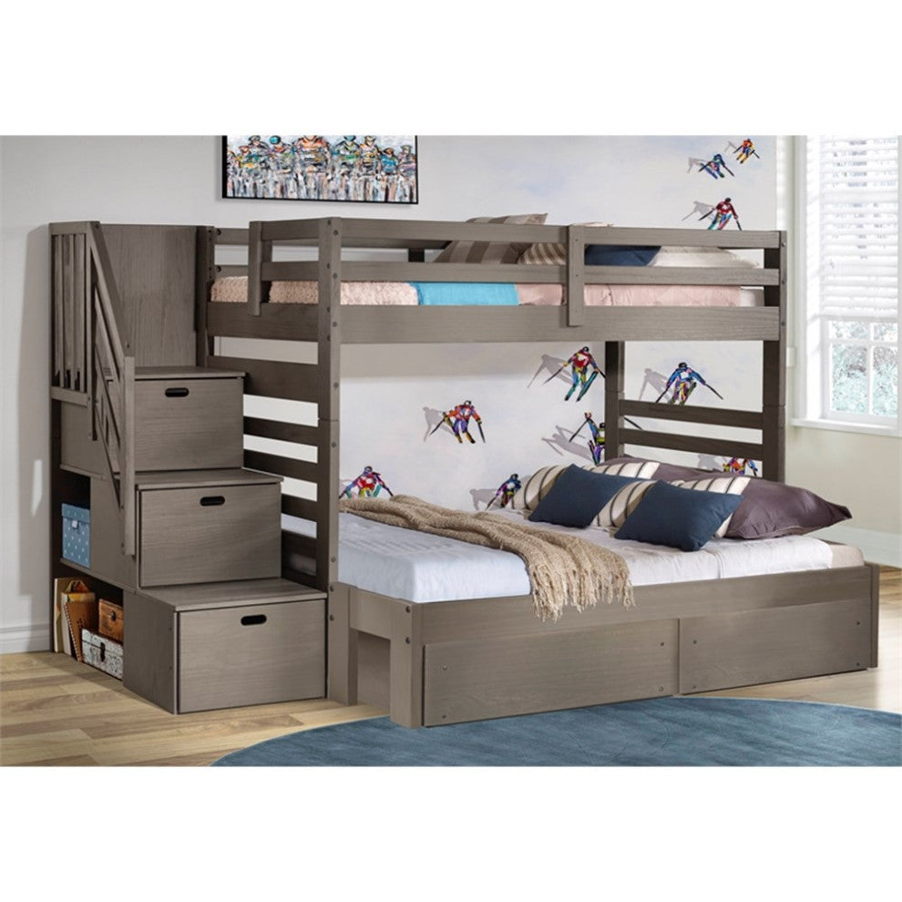 My Bed Now Everest 2-Drawer Twin-over-Full Wood Bunk Bed with Staircase in Brown