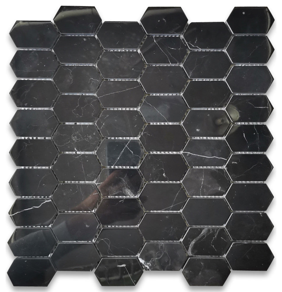 Nero Marquina Black Marble Constellation Hexagon Mosaic Tile Polished, 1 sheet