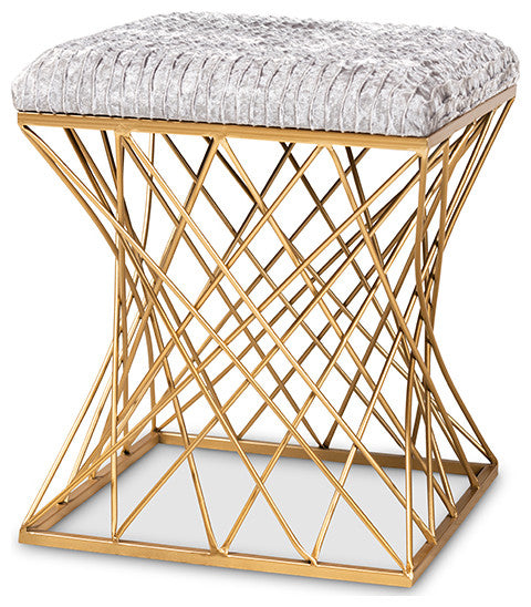 Fiore Glam and Luxe Grey Crushed Velvet Fabric Upholstered Gold Finished Ottoman