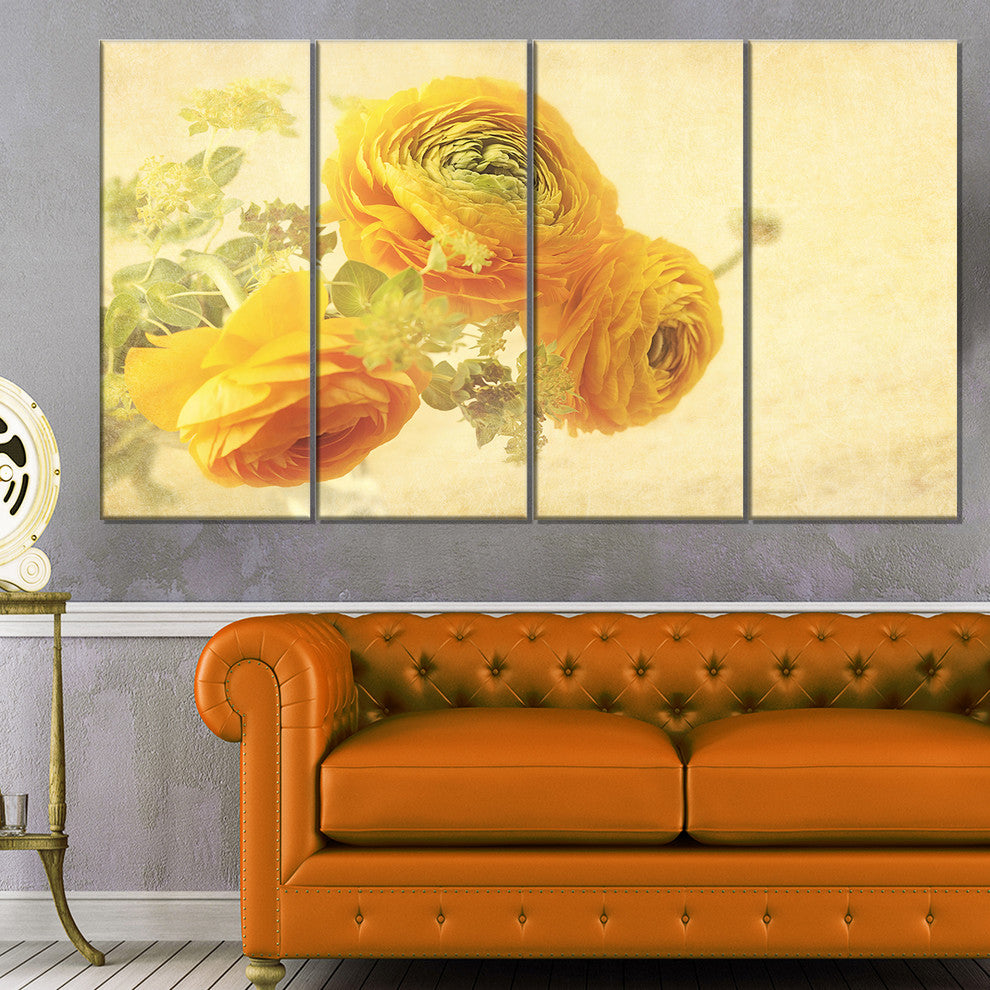 Bunch of Yellow Ranunculus Flowers, Floral Canvas Print, 48"x28", 4 Panels