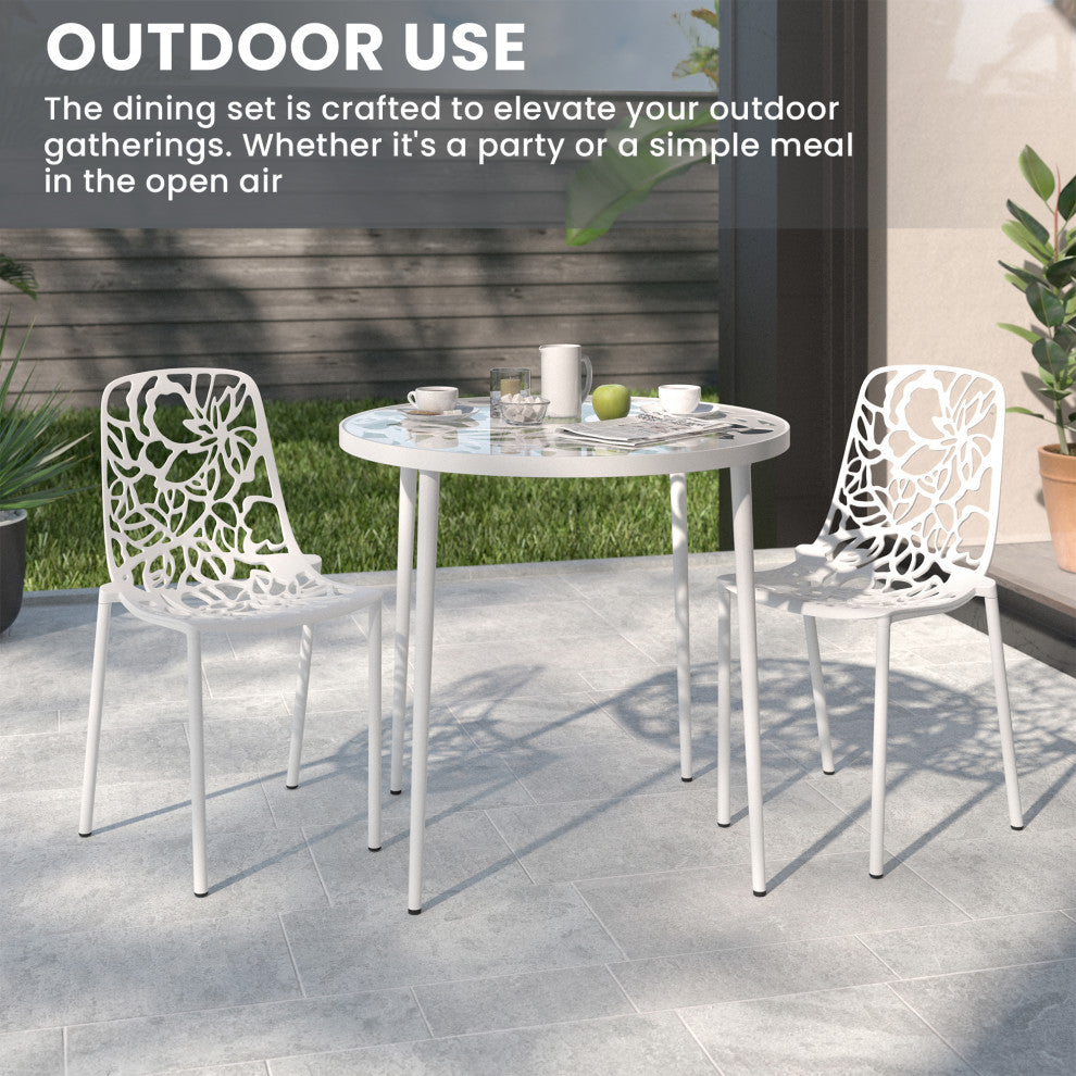 LeisureMod Devon Outdoor Dining Set with Glass Table and 2 Chairs, White