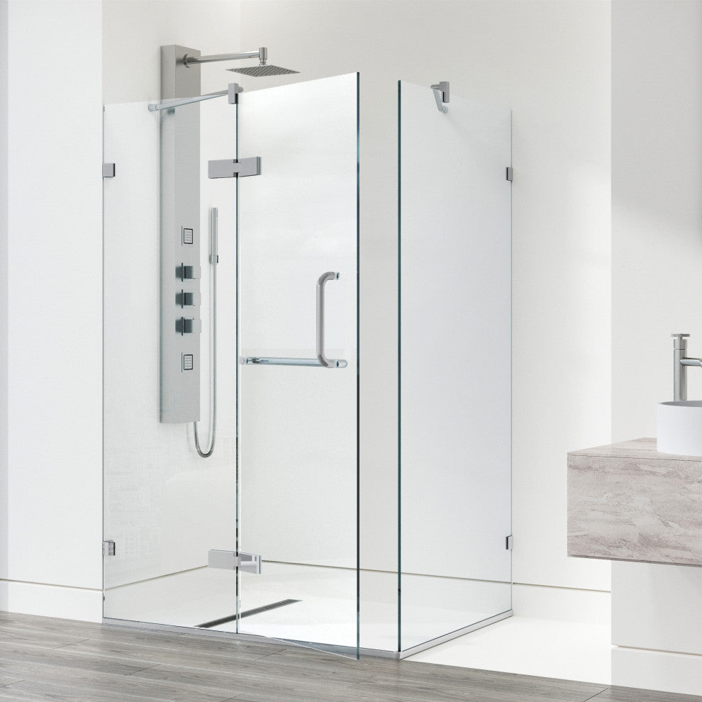 VIGO Monteray 30"D x 46"W x 73"H Frameless Hinged Shower Enclosure, Chrome, Without Base
