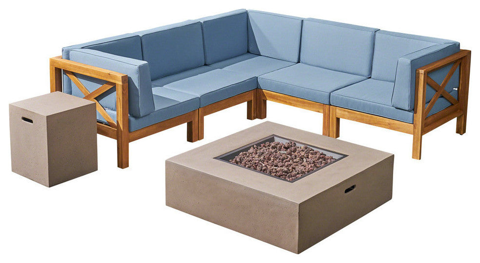 GDF Studio 7-Piece Cytheria Outdoor Sectional Acacia Wood Sofa Set With Fire Pit, Blue