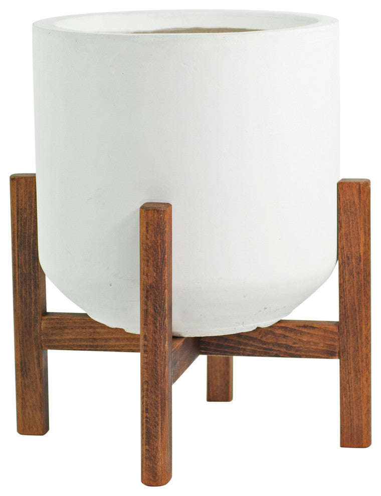 Extra Large Fiber Clay Pot 13'' White With Wood Plant Stand Set Walnut Color