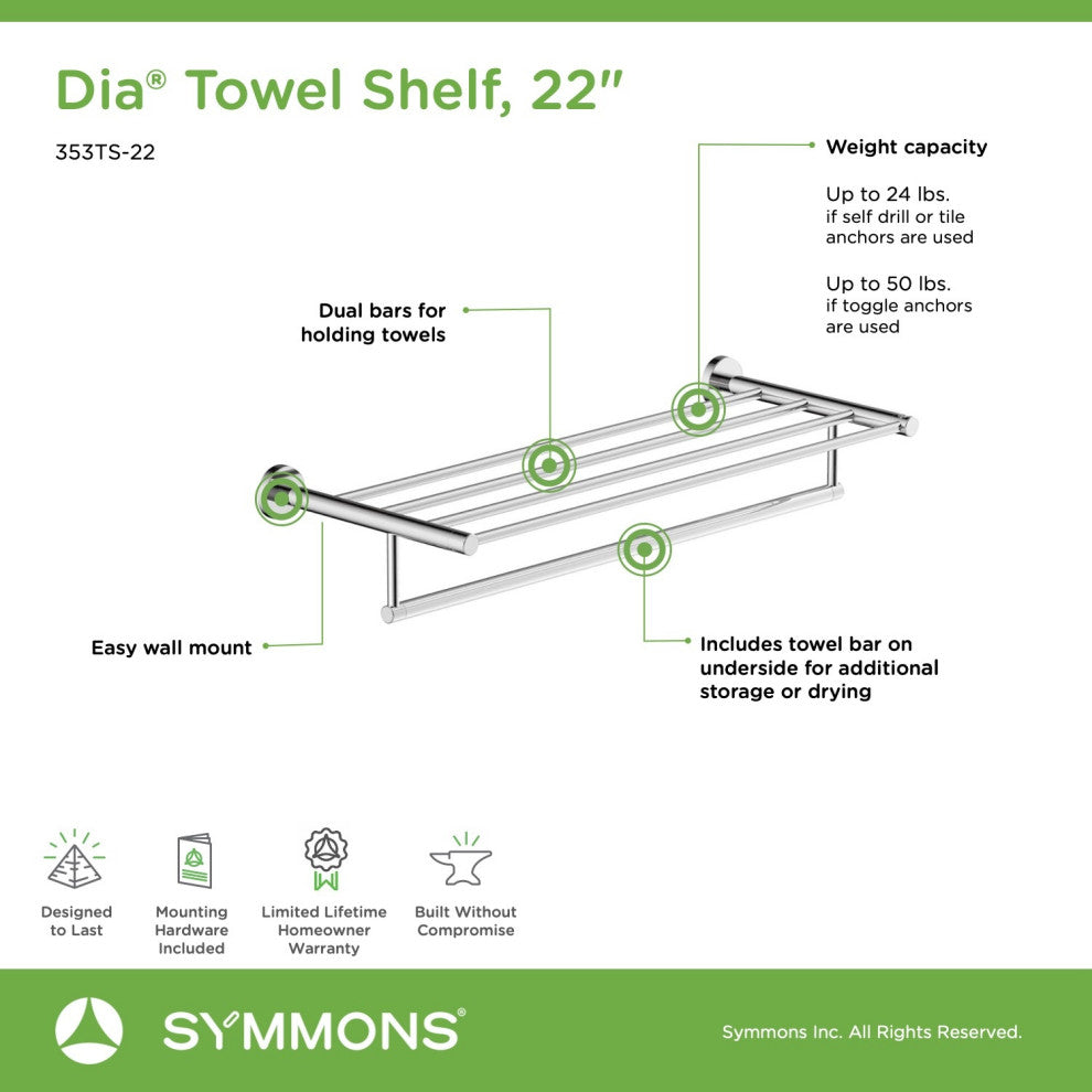 Dia 22 Inch Towel Shelf with Mounting Hardware, Chrome
