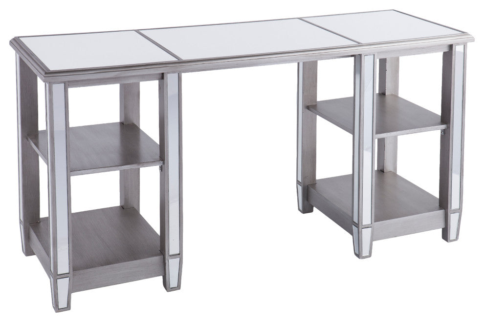 Beattie Mirrored Desk, Glam Style, Brushed Matte Silver With Mirror