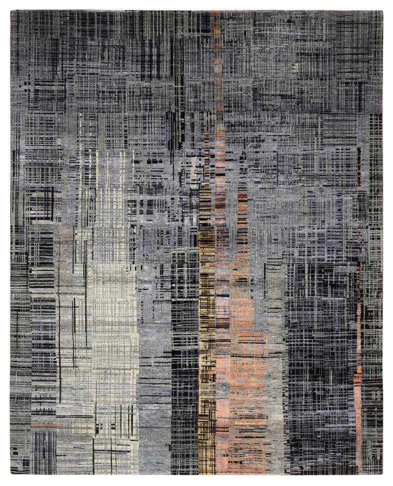 Black and Gray Ghazni Wool and Silk Modern Design Hand Knotted Rug, 8'0"x10'0"