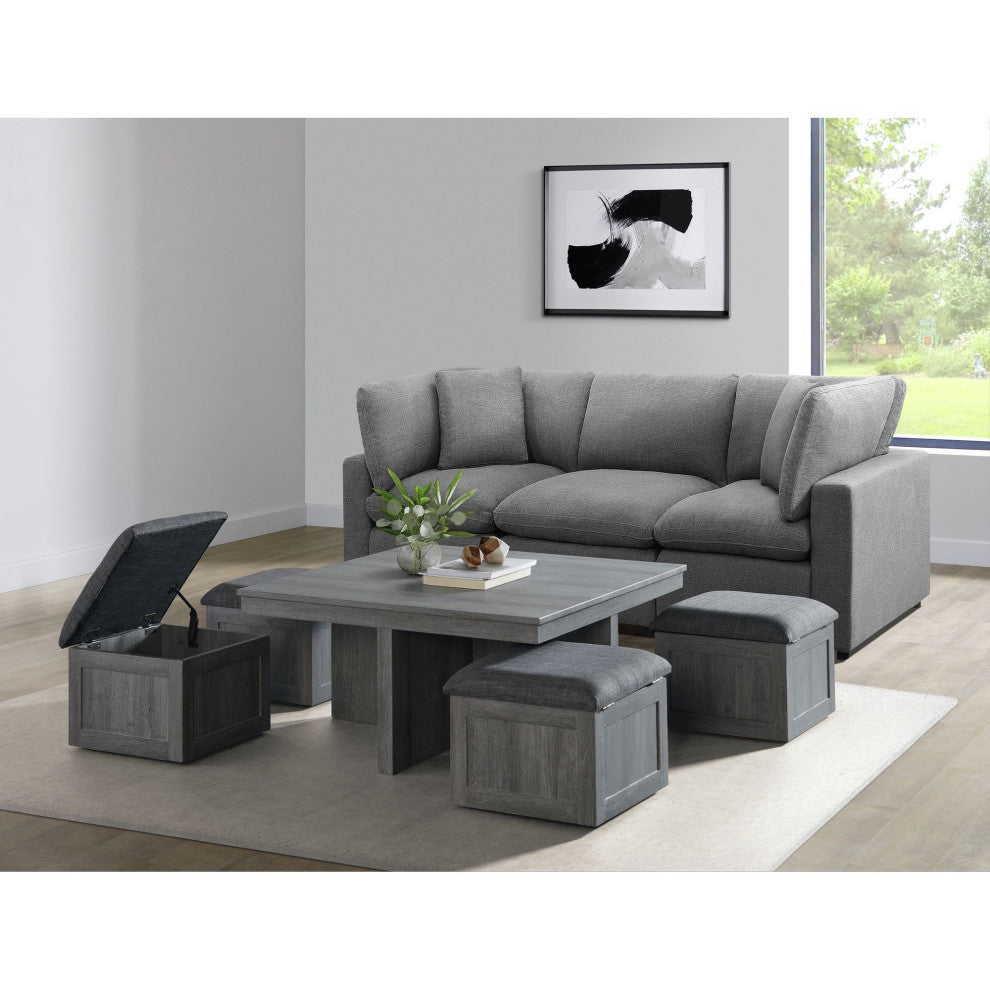 Picket House Dawson Coffee Table With 4 Storage Stools, Gray