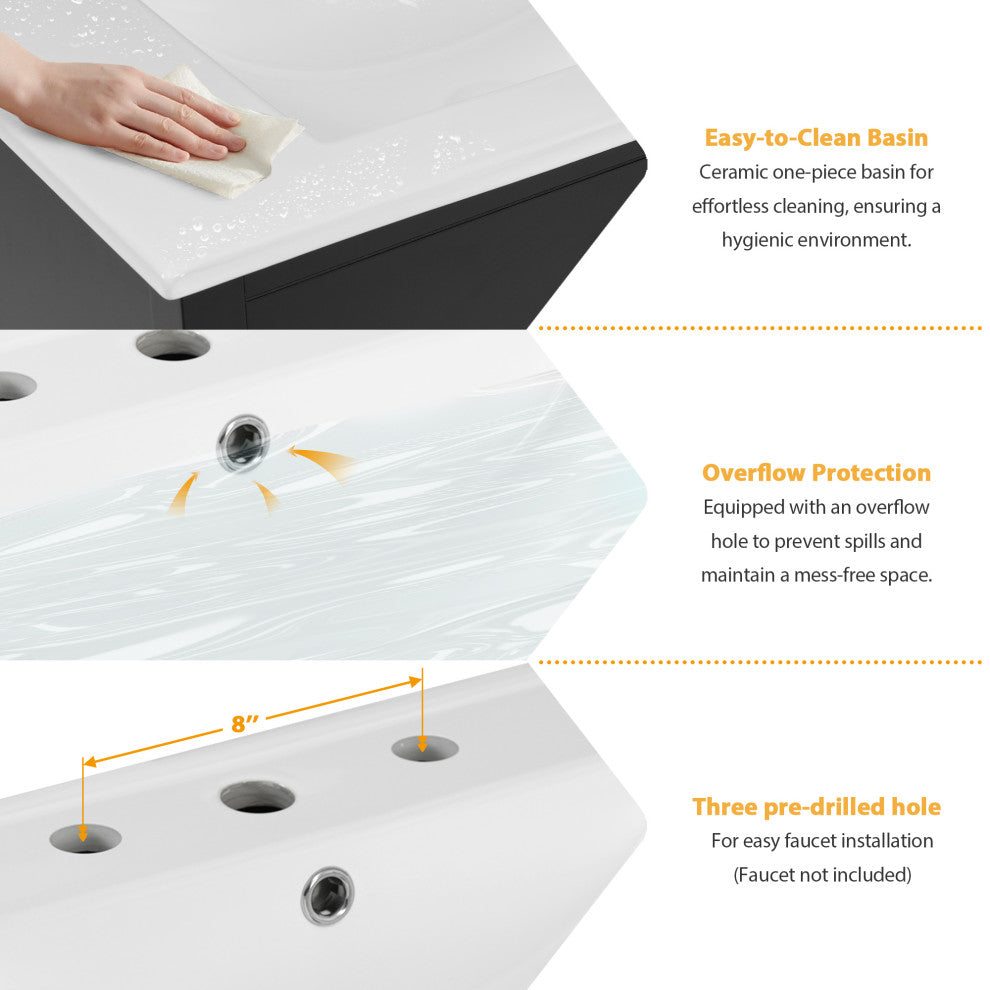 30 Inch Bathroom Vanity with Ceramic Sink and Ample Storage, Black