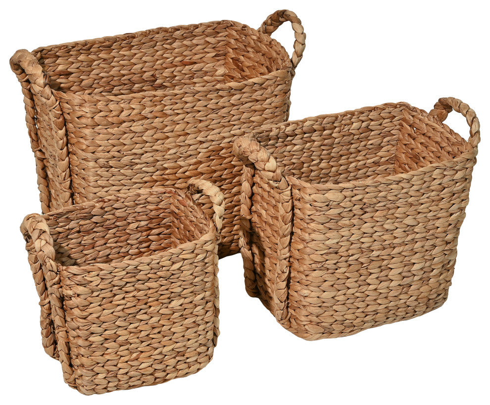 Clara Handwoven Hyacinth Rectangle Storage Floor Baskets With Handles, Set of 3