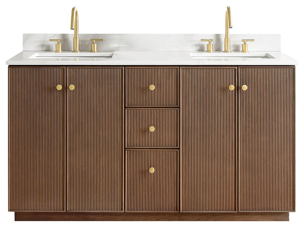 Oza Bath Vanity with Quartz Stone Top, Aged Dark Brown Oak, 60", Double Vanity, No Mirror