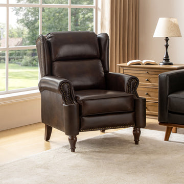 Genuine Leather Manual Recliner With Brass Nailhead, Espresso