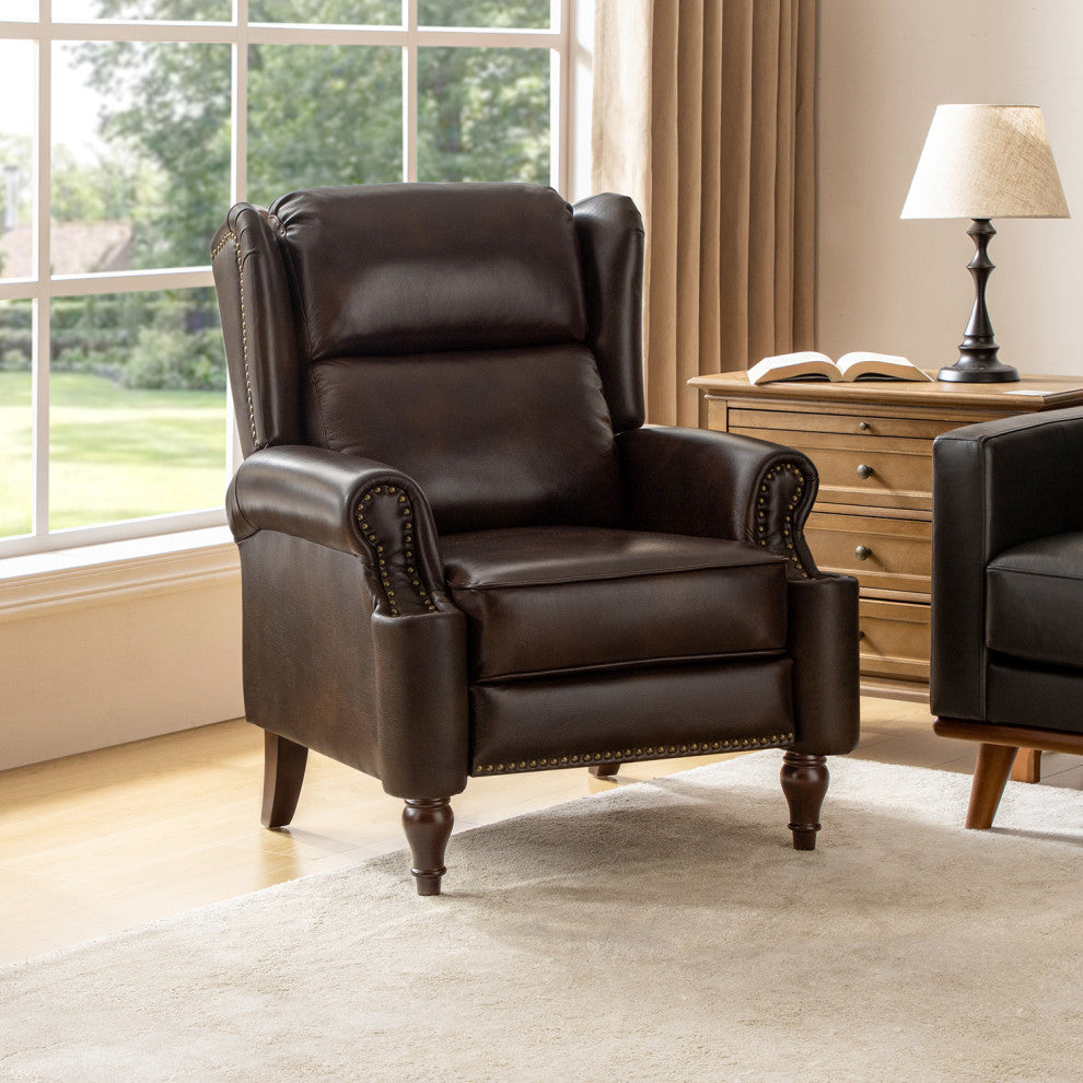 Genuine Leather Manual Recliner With Brass Nailhead, Espresso