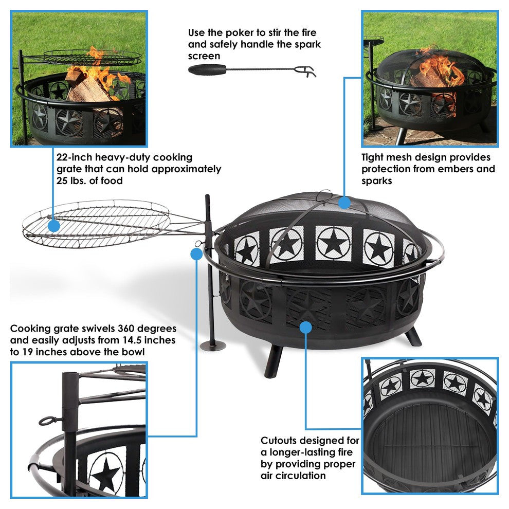 Sunnydaze 30" Black All Star Fire Pit With Cooking Grate and Spark Screen