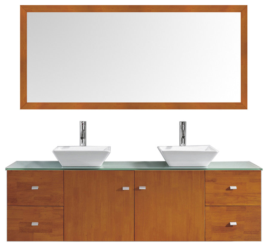 Clarissa 72" Double Bathroom Vanity Set, Honey Oak, Aqua Tempered Glass Countert