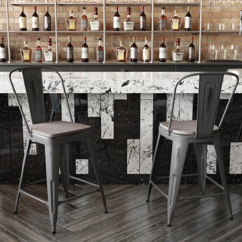 24'' High Indoor Clear Coated Counter Stool, Clear Coated/Gray