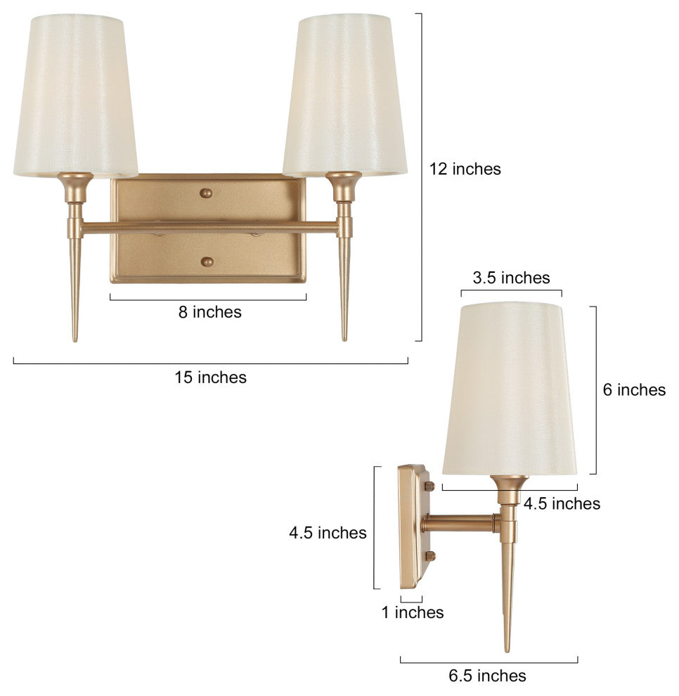 LALUZ Matte Gold with Fabric Shade Modern Bathroom Vanity Light, 2-Light
