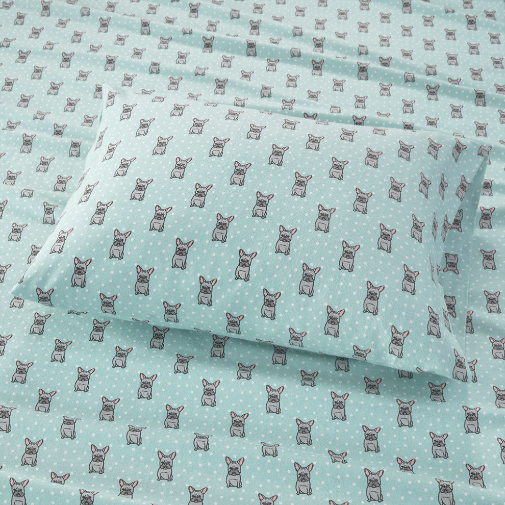 True North by Sleep Philosophy Cotton Flannel Sheet Set, French Bulldog, Blue