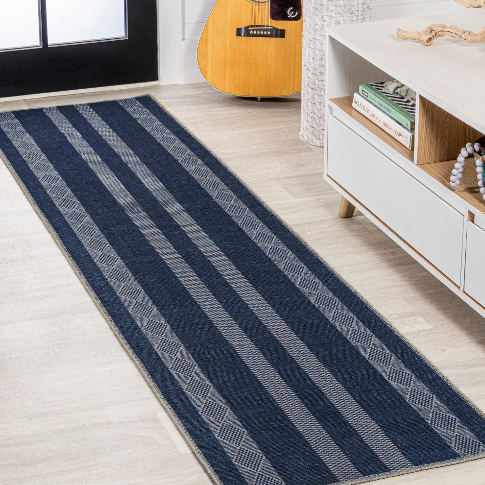 Rand Distressed Ticking Stripe Machine-Washable Area Rug, 2x8