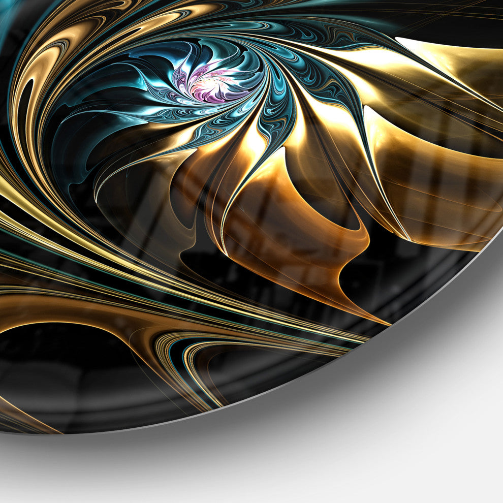 Designart 'Brown Blue Fractal Flower in Black' Abstract Disc Metal Wall art, Dis