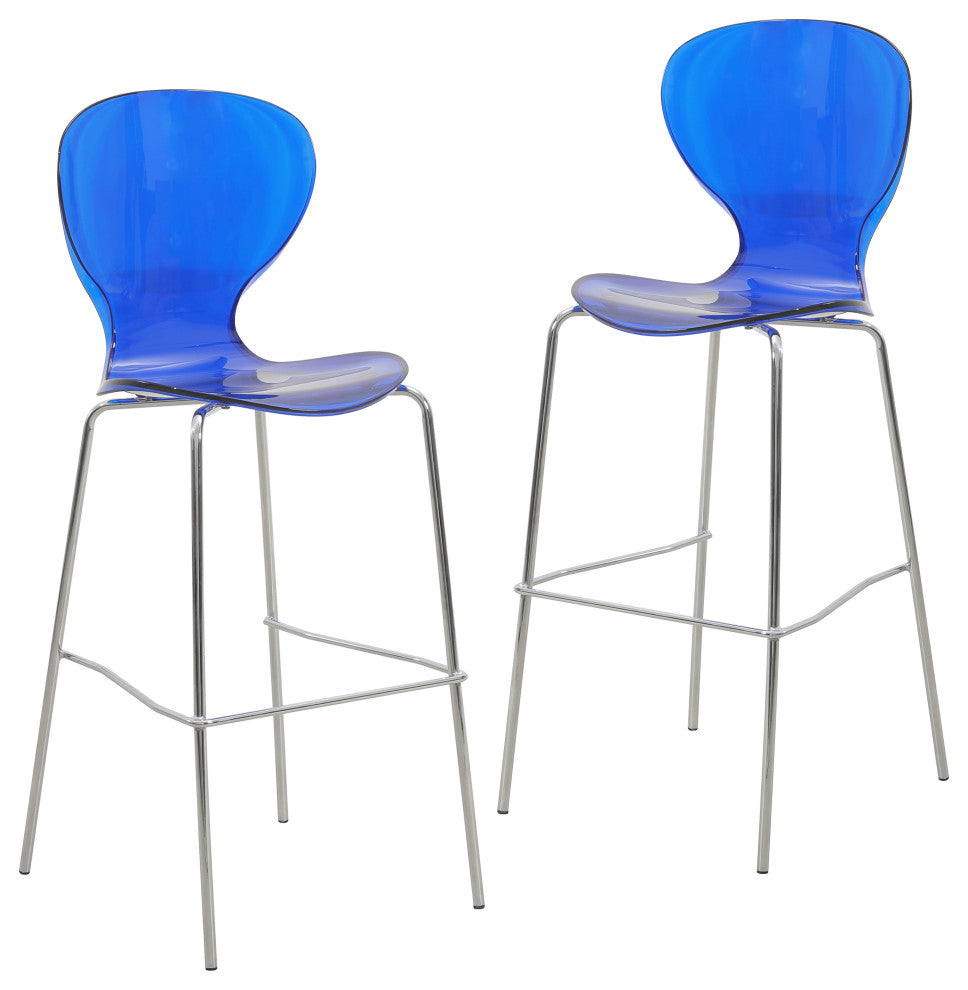 LeisureMod Oyster Acrylic Barstool With Steel Frame Set of 2, Transparent Blue