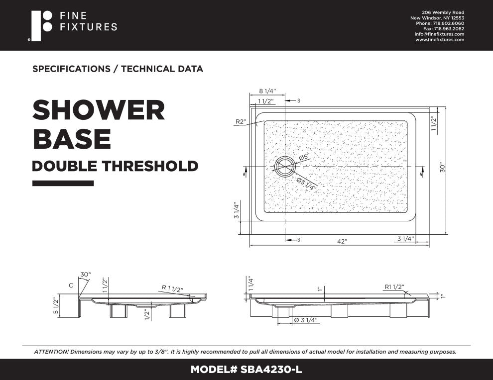 Fine Fixtures Double Threshold Acrylic Shower Base, 42 X 30, Left Hand