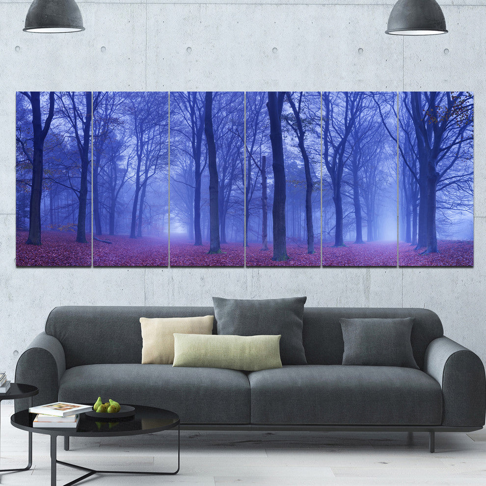 Two Paths in Foggy Blue Forest, Landscape Canvas Art Print, 70"x28", 6 Panels