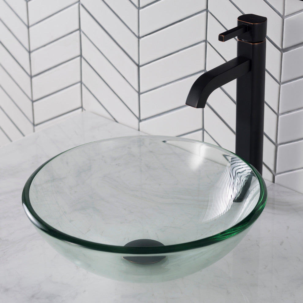 Glass Vessel Sink, Bathroom Ramus Faucet, Drain, Mounting Ring, Oil Rub Bronze