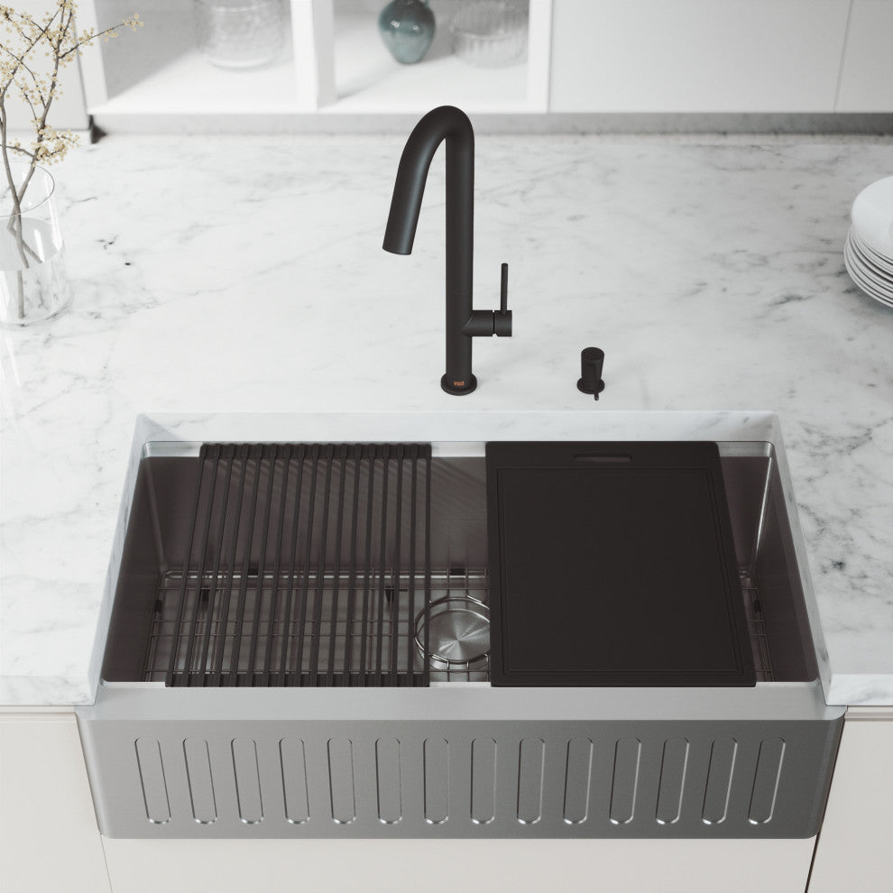 Oxford Single Bowl Slotted Apron Farmhouse Kitchen Sink and Accessories, 36" L X 21" W