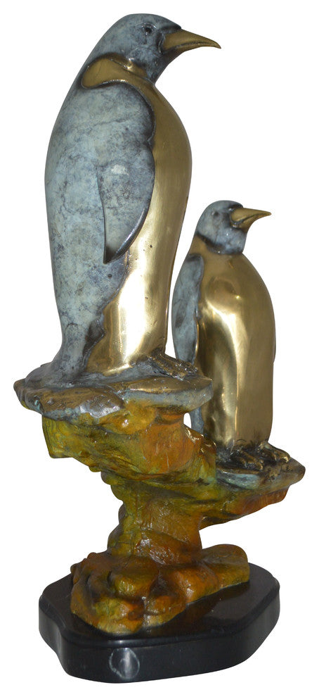 Two Penguins Bronze Statue -  Size: 16"L x 10"W x 12"H.