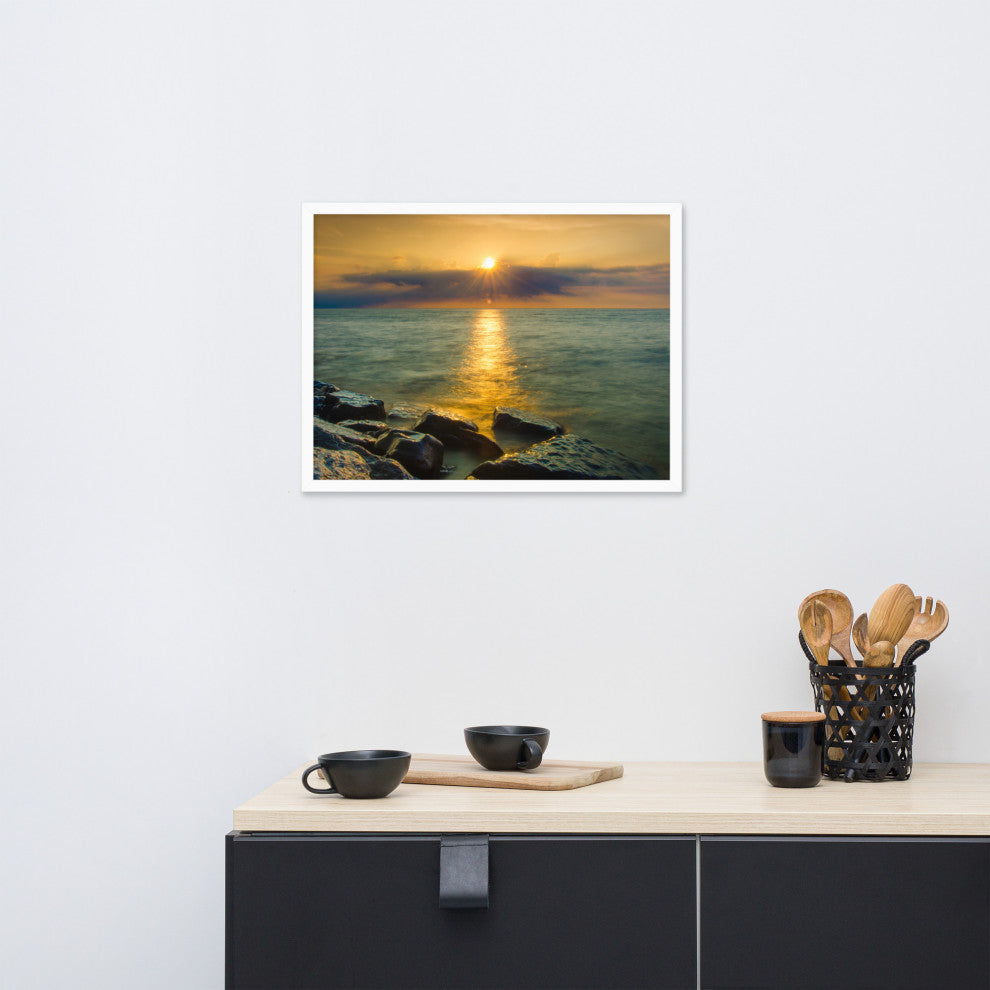 Sun Ray on the Water Coastal Landscape Framed Photo Paper Wall Art Print, White, 18" X 24"