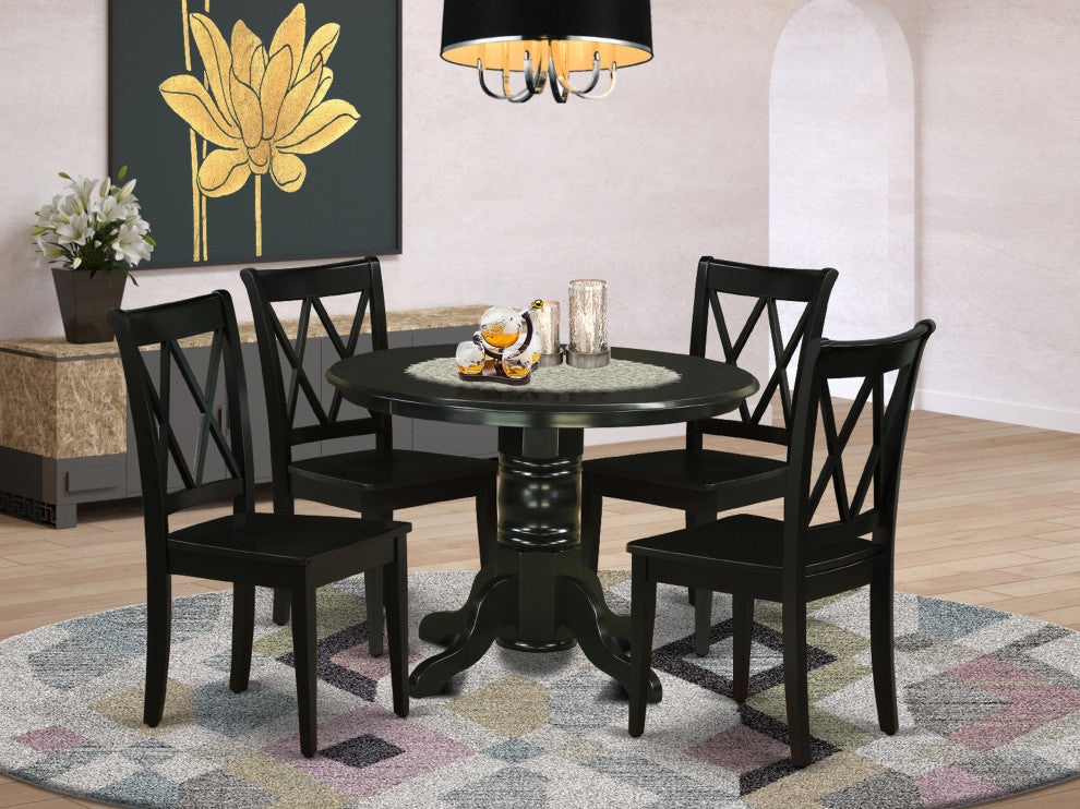 5Pc Round 42 Inch Family Table And Four Wood Seat Dining Chairs