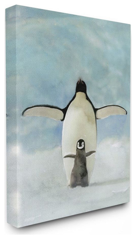 Penguin Family Blue Watercolor Animal Painting, 30"x40"