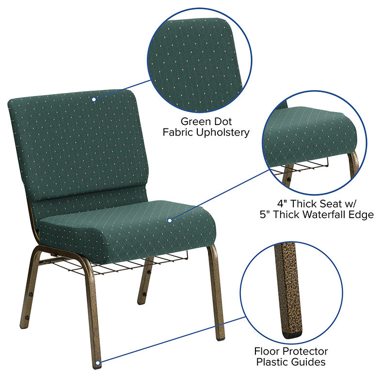 21''W Chair in Hunter Green Dot Patterned Fabric with Book Rack