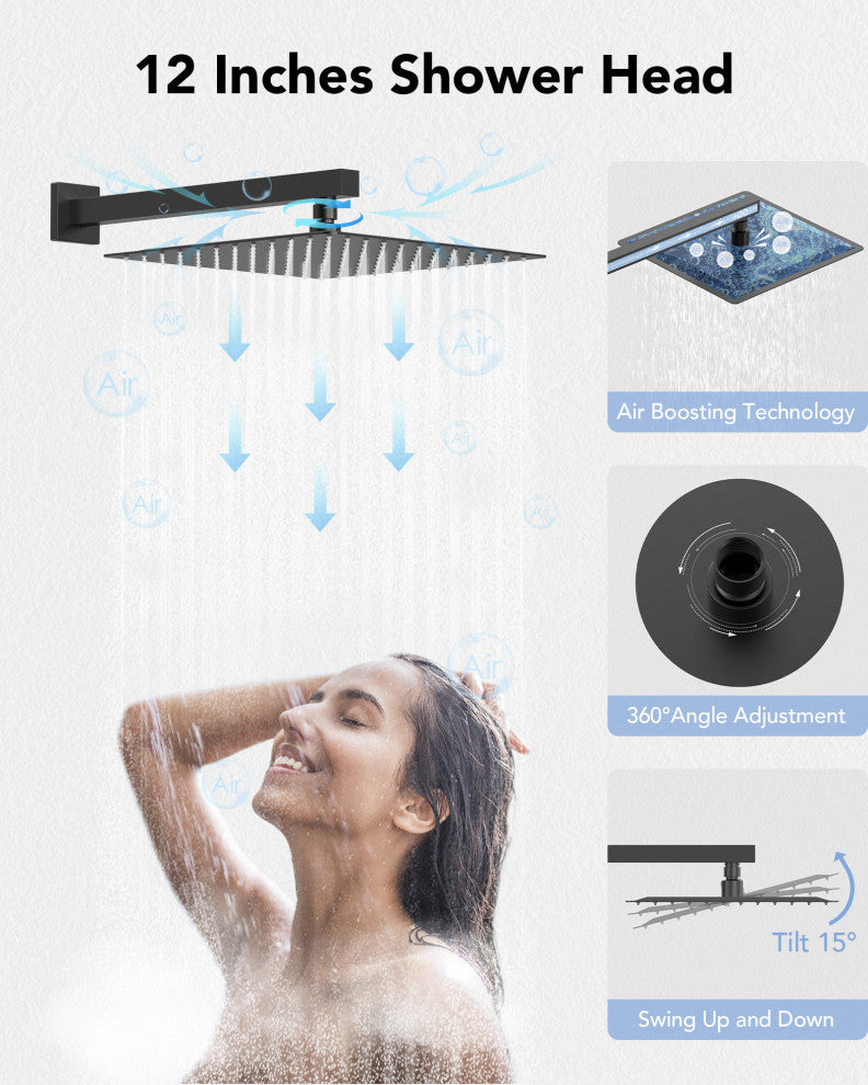 Thermostatic Shower Faucet 12" Rain Shower Head with Handheld Slide Bar System, Matte Black