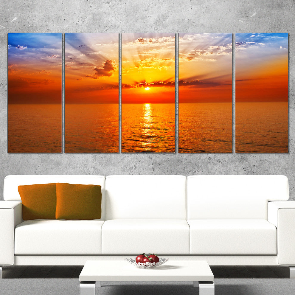"Orange Sea Sunrise Under Blue Sky" Seashore Wall Art, 60"x28", 5-Panels