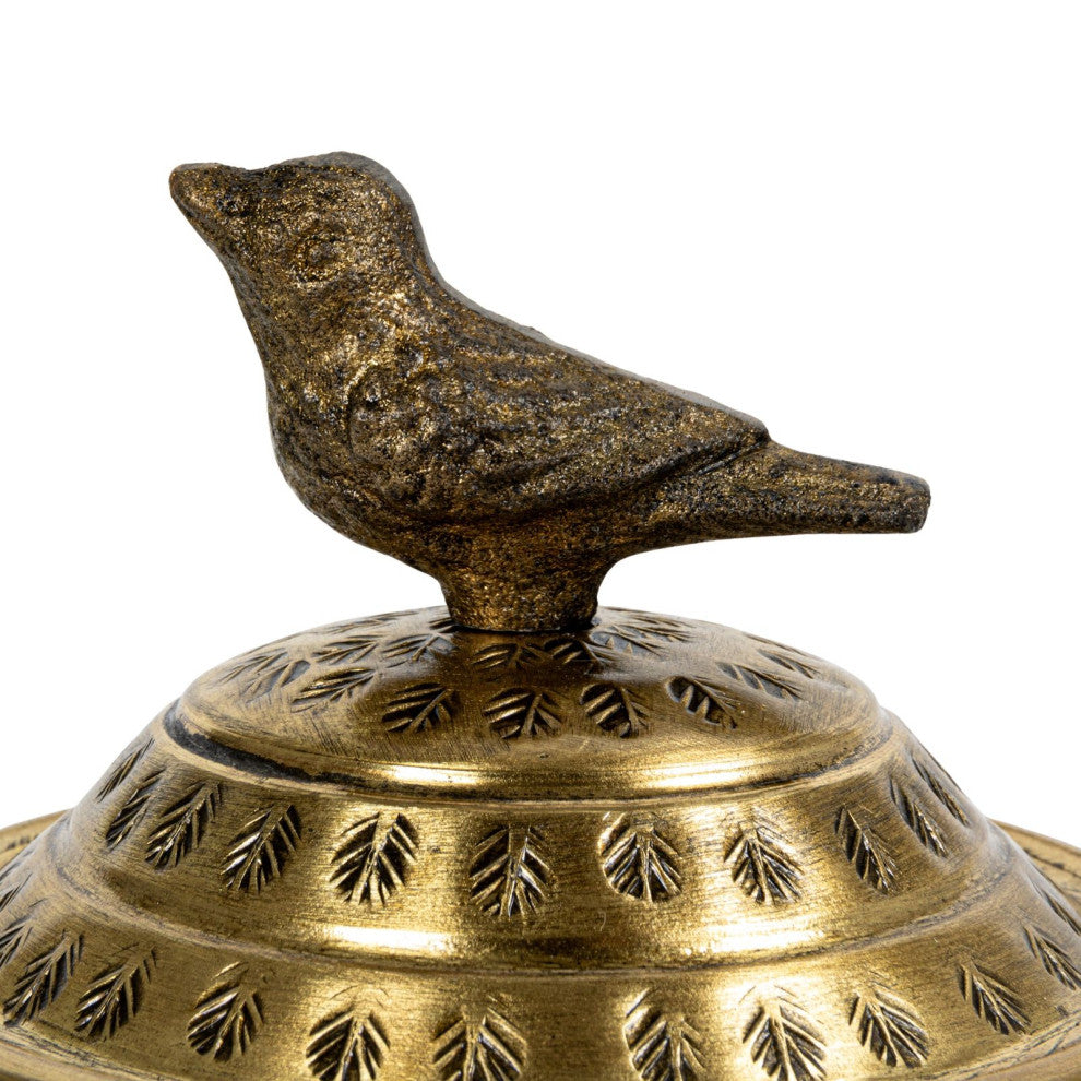Hammered Aluminum Sphere Container with Lid and Bird, Antique Brass Finish