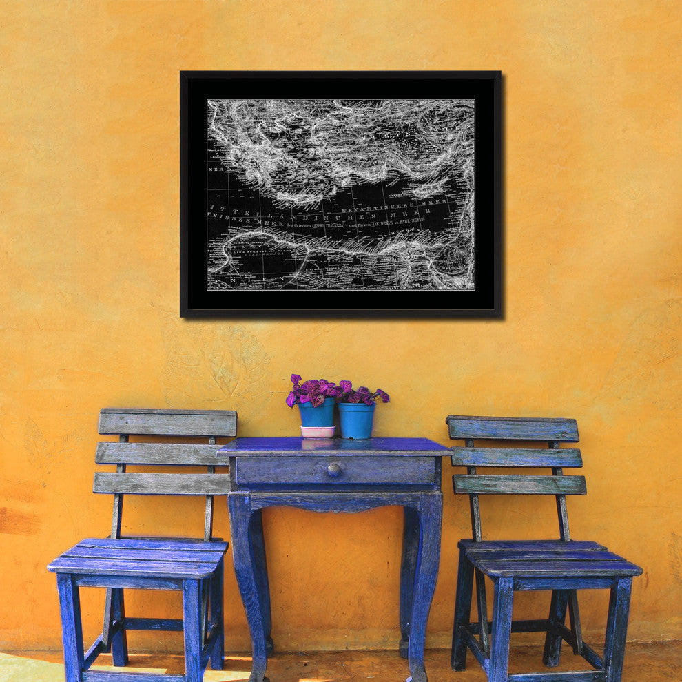 Eastern Mediterranean Old Monochrome Map Print On Canvas With Frame, 16" X 21"