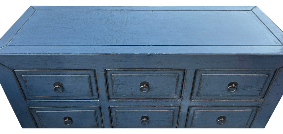 Distressed Deep Blue 12 Drawers Narrow Credenza Sideboard Cabinet