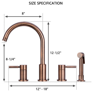 Two-Handles Copper Widespread Kitchen Faucet With Side Sprayer, Antique Copper