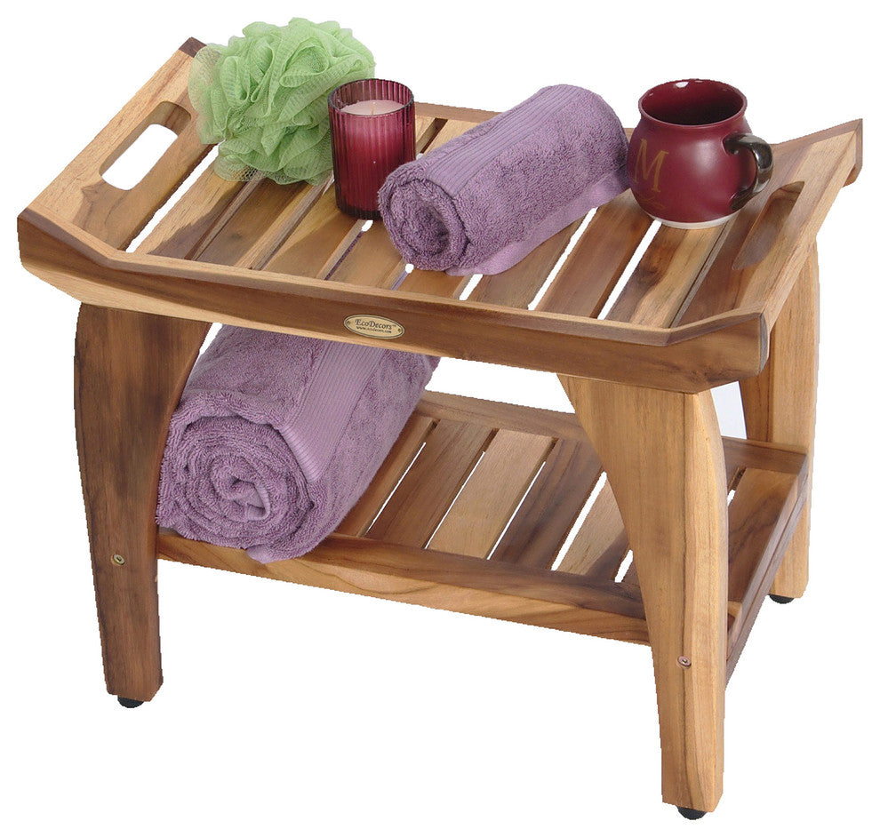 EcoDecors EarthyTeak Tranquility 24" Teak Shower Bench With Shelf