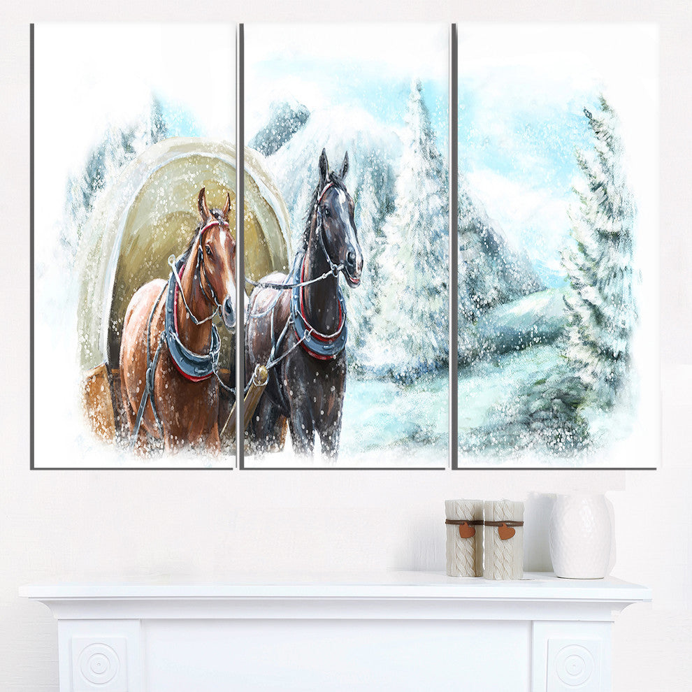 "Painted Scene With Horses in Winter" Metal Wall Art, 3 Panels, 36"x28"